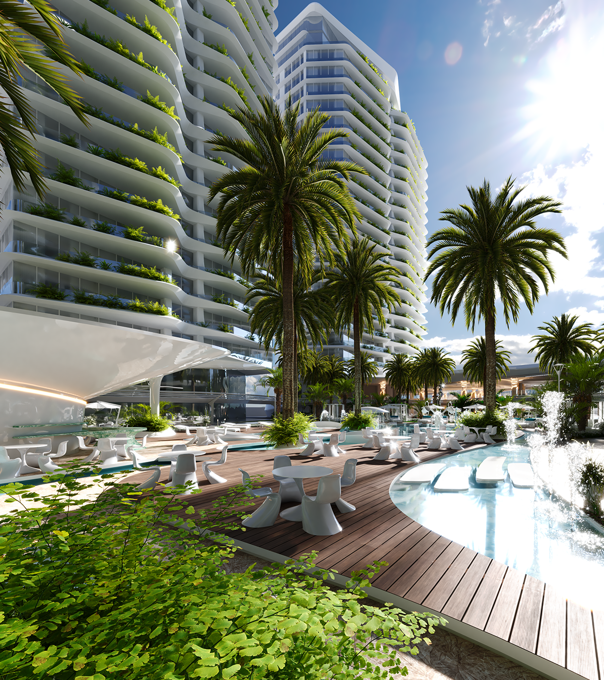 Uma piscina com mesas e palmeiras em frente a um prédio