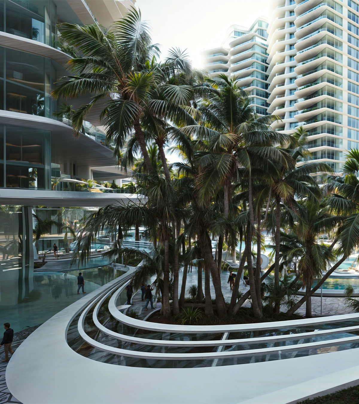 Um grupo de palmeiras em um pátio